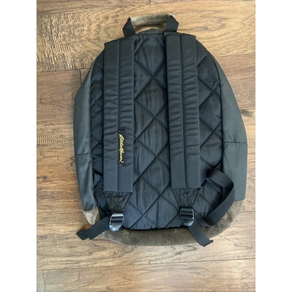 Vintage Eddie Bauer Backpack Forest Green Canvas Suede Leather Bottom Daypack